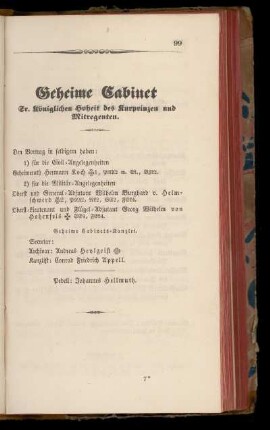 Geheime Cabinet Sr. Hoheit des Kurprinzen und Mitregenten.