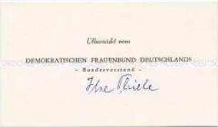 Visitenkarte des Bundesvorstandes des DFD, handsigniert von Ilse Thiele
