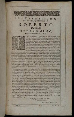 Illustrissimo Et Reverendissimo D. Roberto Cardinali Bellarmino.