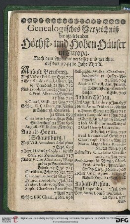 Genealogisches Verzeichnis der itzt-lebenden Höchst- und Hohen Häuser in Europa