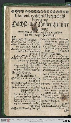 Genealogisches Verzeichnis der itzt-lebenden Höchst- und Hohen Häuser in Europa