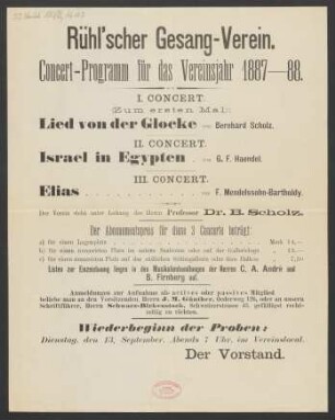 Konzertprogramm für das Vereinsjahr 1887/88