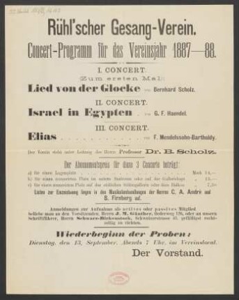 Konzertprogramm für das Vereinsjahr 1887/88