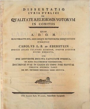 Dissertatio Ivris Pvblici De Qvalitate Religionis Votorvm In Comitiis