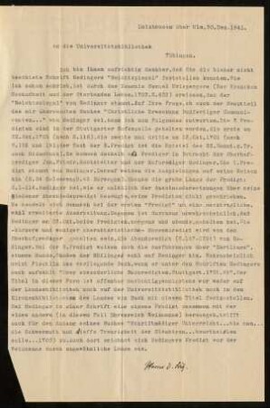 Brief an die Universitätsbibliothek Tübingen (30.12.1941)