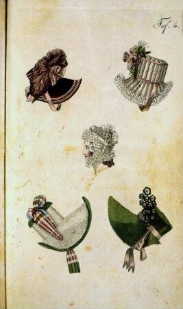 Biedermeier Mode aus: Journal für Literatur, Kunst, Luxus und Mode, Bd. 33, Jg. 1818 — Tafel 4: Damenhüte