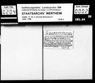 Fr. Ambrosius Grun (Grün), Kleriker zu Bronnbach (Brunnbach), verspricht den Satzungen und Regeln des hl. Benediktus Treue und Gehorsam.