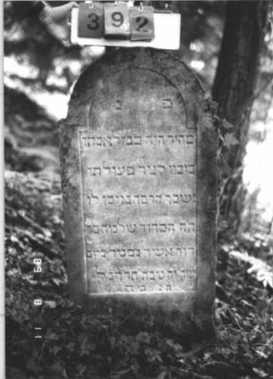Grabstein 392 (Index: 99799646) Material: Sandstein Zustand: stark verwittert Maße HxBxT: 105x50x9 cm Beschreibung: Stele, eingezogener Rundbogenabschluß, Schriftfeld eingetieft: Grabstein 392
