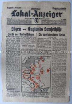 Titelblatt der Tageszeitung "Berliner Lokal-Anzeiger" zum Vormarsch der Wehrmacht im Osten