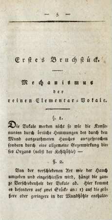 Erstes Bruchstück. Mechanismus der reinen Elementar-Vokale.