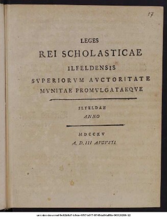 Leges Rei Scholasticae Ilfeldensis Superiorum Auctoritate Munitae Promulgataeque