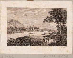 Schloss Pillnitz bei Dresden vom linken Ufer nach Südosten über die Elbe gesehen