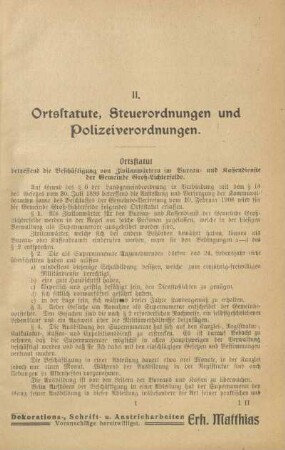II. Ortsstatute, Steuerordnungen und Polizeiverordnungen