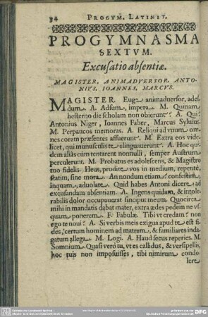 Progymnasma Sextum. Excusatio absentiae