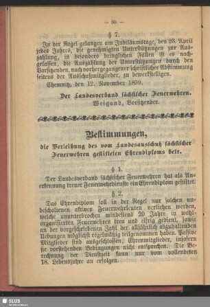 Bestimmungen, die Verleihung des vom Landesausschuß sächsischer Feuerwehren gestifteten Ehrendiploms betr.