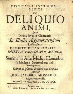 Disputatio Inauguralis Medica De Deliquio Animi