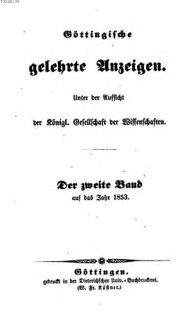 Göttingische gelehrte Anzeigen : unter Aufsicht d. Akademie der Wissenschaften. [115.] 1853, 2