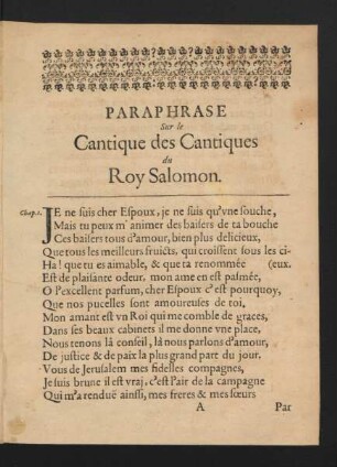 Paraphrase Sur le Cantique des Cantiques du Roy Salomon.