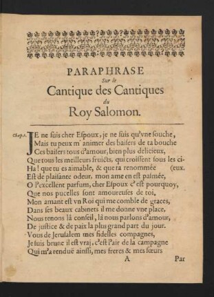 Paraphrase Sur le Cantique des Cantiques du Roy Salomon.