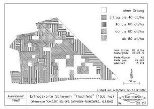 Ertragskarte Scheyern "Flachfeld" (16,6 ha) (Winterweizen "KANZLER", SEL-DGPS, DATAVISION-FLOWCONTROL, 12.8.1990)