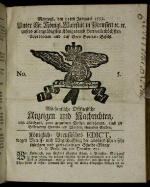 No. 5. Montags, den 31ten Januarii 1752.