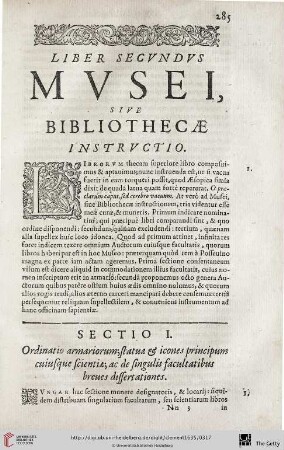 Liber Secundus: Musei sive Bibliothecae instrvctio