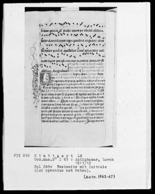 Antiphonarium (Benediktinerhandschrift) — Initiale Q (ui operatus est Petro), Folio 265 verso