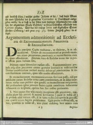 Argumentum admonitionis ad Ecclesiam de Excommunicatorum Poenitentia & Reconciliatione