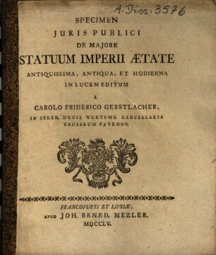 Specimen iuris publici de maiore statuum Imperii aetate antiquissima, antiqua, et hodierna