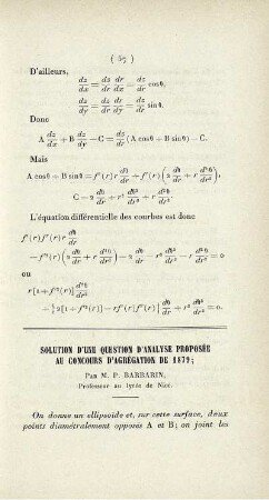 Solution d'une question d'analyse proposée au concours d'agrégation de 1879.