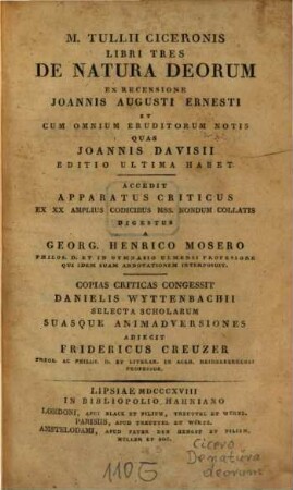 M. Tullii Ciceronis Libri tres de natura deorum