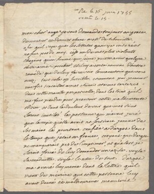 Voltaire (1694 - 1778) Autographen: Briefe von Voltaire an verschiedene Adressaten - BSB Autogr.Cim. Voltaire, François Marie Arouet de, 3. Voltaire (1694 - 1778) Autographen: Brief von Voltaire an Monsieur d'Argental - BSB Autogr.Cim. Voltaire, François Marie Arouet de.3