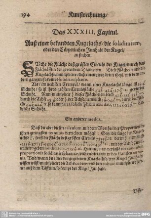 Das XXXIII. Capitul. Auß einer bekandten Kugelachs/ die soliditatem, oder den Cörperlichen Inhalt der Kugel zu suchen.