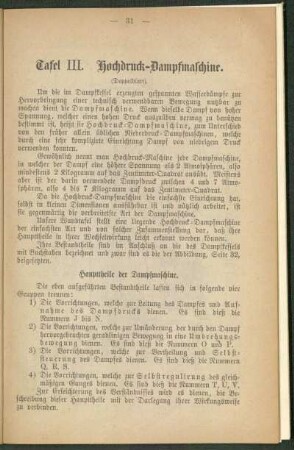 Tafel III. Hochdruck-Dampfmaschine