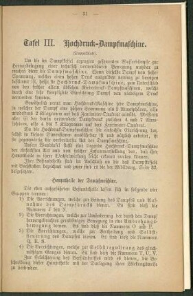 Tafel III. Hochdruck-Dampfmaschine