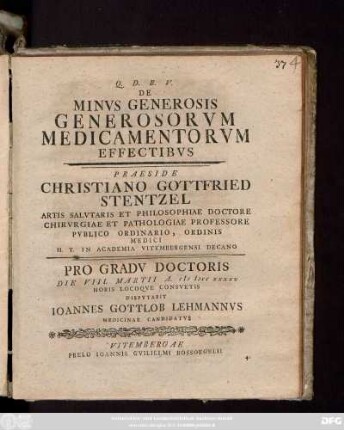 De Minvs Generosis Generosorvm Medicamentorvm Effectibvs