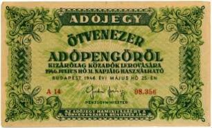 Geldschein, 50.000 Adópengö, 25.5.1946