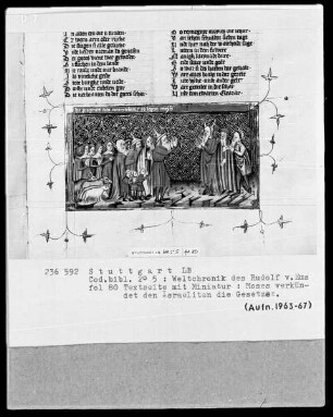 Weltchronik des Rudolf von Ems — Moses verkündet den Israeliten die Gesetze, Folio 80recto