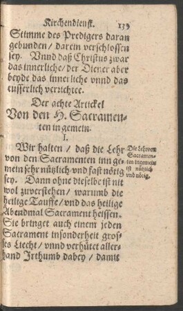 Der achte Artickel Von den H. Sacramenten in gemein.