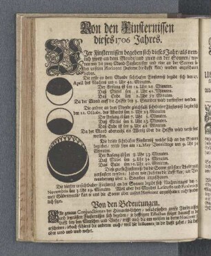 Von den Finsternissen dieses 1706 Jahres.