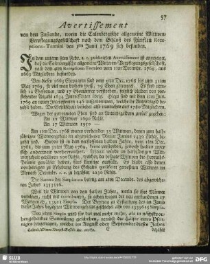 Avertissement von dem Zustande, worin die Calenbergische allgemeine Wittwen-Verpflegungsgesellschafft nach dem Schluß des Fünften Receptions-Termini den 1ten Junii 1769 sich befunden : [Hannover, den 14ten Julii 1769. Im Fürstenthum Calenberg verordnete Land- und Schatz-Räthe, auch Schatz-Deputirte]