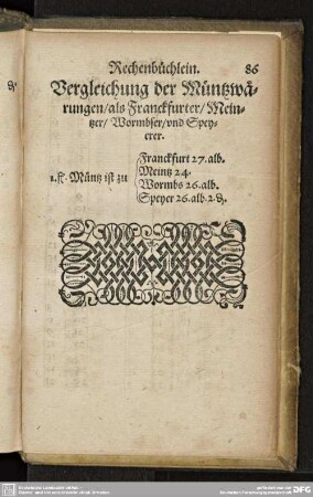 Vergleichung der Müntzwärungen/als Franckfurter/Meintzer/Wormbser/und Speyrer.