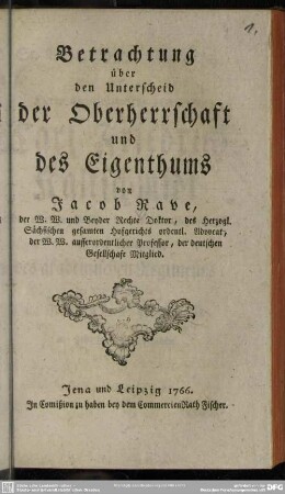 Betrachtung über den Unterscheid der Oberherrschaft und des Eigenthums