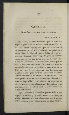 Carta X. Bartolomé Vargas á su hermano.
