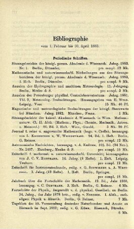 Bibliographie vom 1. Februar bis 30. April 1883.