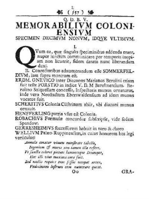 Q. D. B. V. MEMORABILIVM COLONIENSIVM SPECIMEN DECIMVM NONVM, IDQVE VLTIMVM