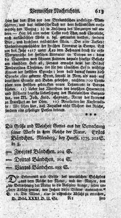 Die Größe und Weisheit Gottes aus der Betrachtung seiner Werke in dem Reiche der Natur. Bd.1-4.