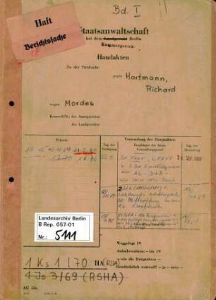 Strafverfahren gegen Richard Hartmann (*28.09.1910) wegen Beihilfe zum Mord im Rahmen der "Endlösung der Judenfrage", da er als Mitarbeiter des Judenreferats IV B 4 von 1940 bis 1945 für die Angelegenheiten der "Reichszentrale für die jüdische Auswanderung", die "Transport- und Fahrplanangelegenheiten" sowie für die Kontrolle und Zensur jüdischer Häftlingspost verantwortlich war