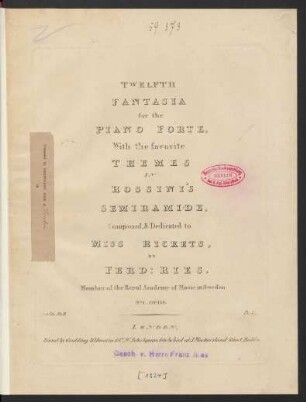Twelfth Fantasia for the Piano Forte, With the favorite Themes In Rossini's Semiramide. : No. 1. Op. 134.
