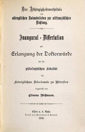 Das Abhängigkeitsverhältnis des altenglischen Rolandsliedes zur altfranzösischen Dichtung